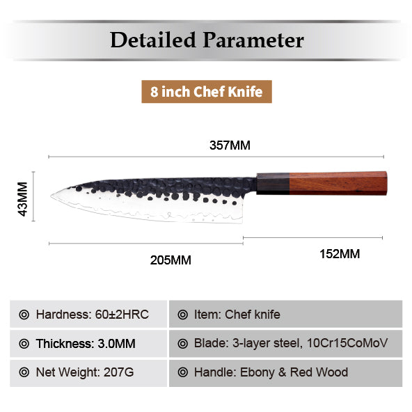 Cuchillo Chef #8, mango forjado, hoja de acero negro de alto carbono