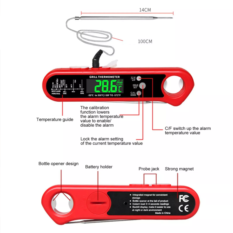 Termómetro Digital LCD de sonda larga para parrilla