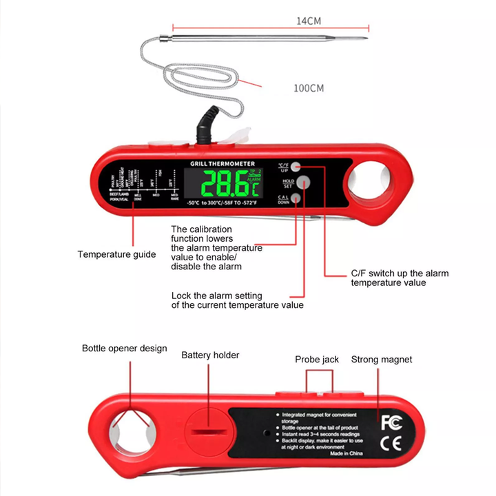 Termómetro Digital LCD de sonda larga para parrilla