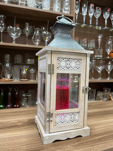 Farol de madera con láminas de vidrio – madera vintage y parte superior de metal alto 30cm.
