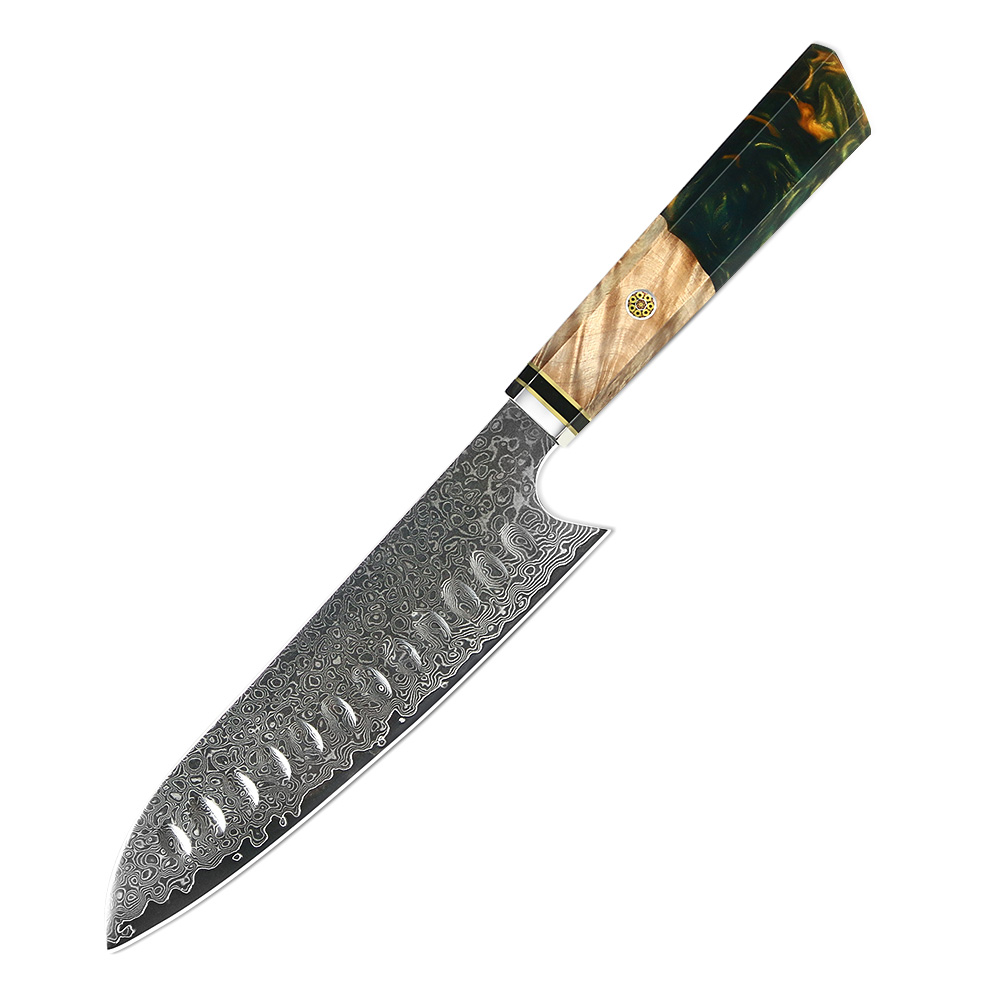 Cuchillo #7 Santoku con mango de resina, acero damasco 67 capas japonés VG10.