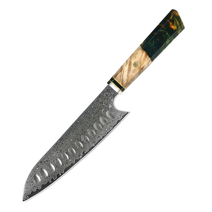 Cuchillo #7 Santoku con mango de resina, acero damasco 67 capas japonés VG10.