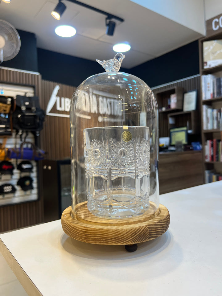 Campana para ahumados 16.5x10.5 diám. Cúpula vidrio con base de madera maciza.