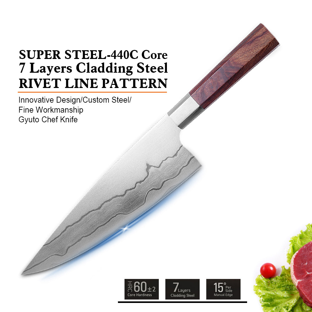 Cuchillo Chef Gyuto Chef #8, Acero Damasco 440C, estilo Japones.