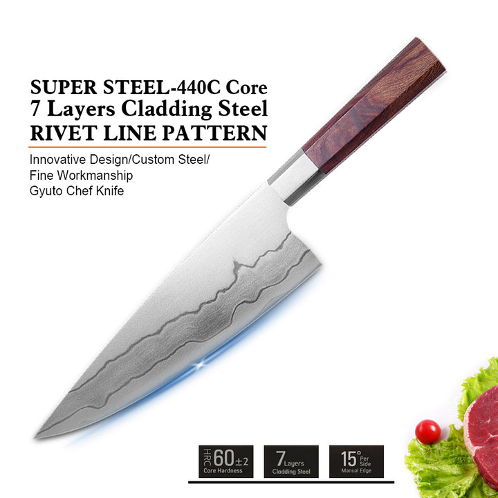 Cuchillo Chef Gyuto Chef #8, Acero Damasco 440C, estilo Japones.