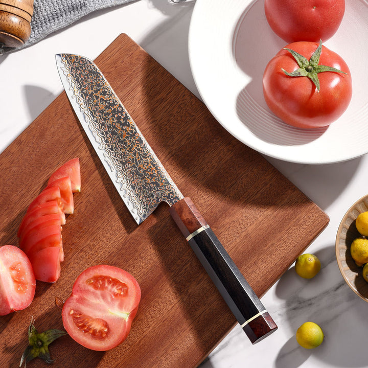 Cuchillo Santoku #7 Japones, Acero Damasco 37 capas Cobre VG10