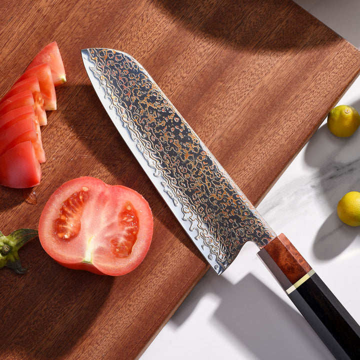 Cuchillo Santoku #7 Japones, Acero Damasco 37 capas Cobre VG10