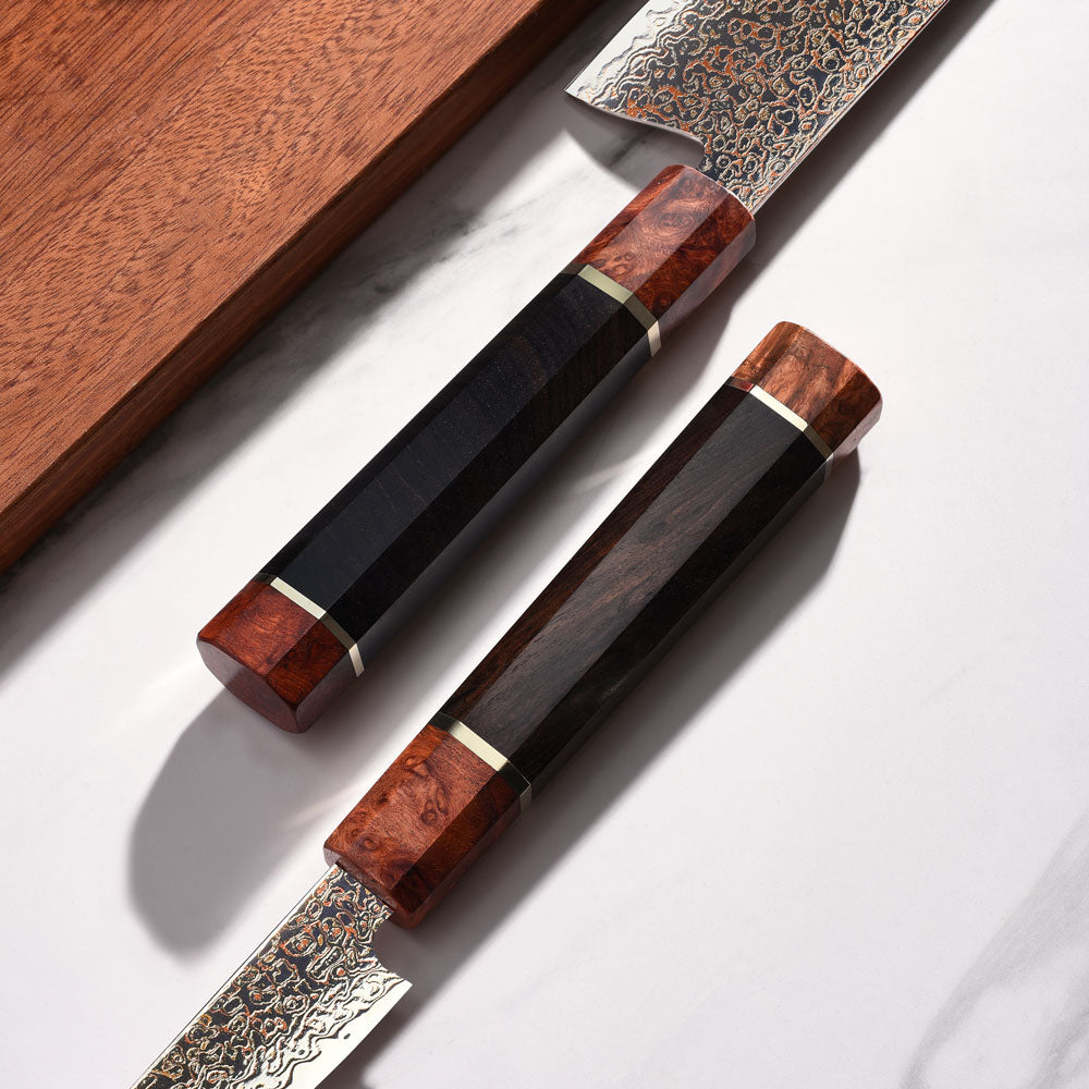 Cuchillo Nakiri #7 Japones, Acero Damasco 37 capas Cobre VG10