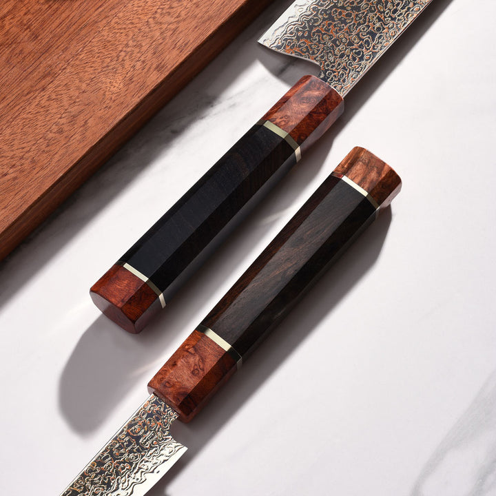 Cuchillo Nakiri #7 Japones, Acero Damasco 37 capas Cobre VG10