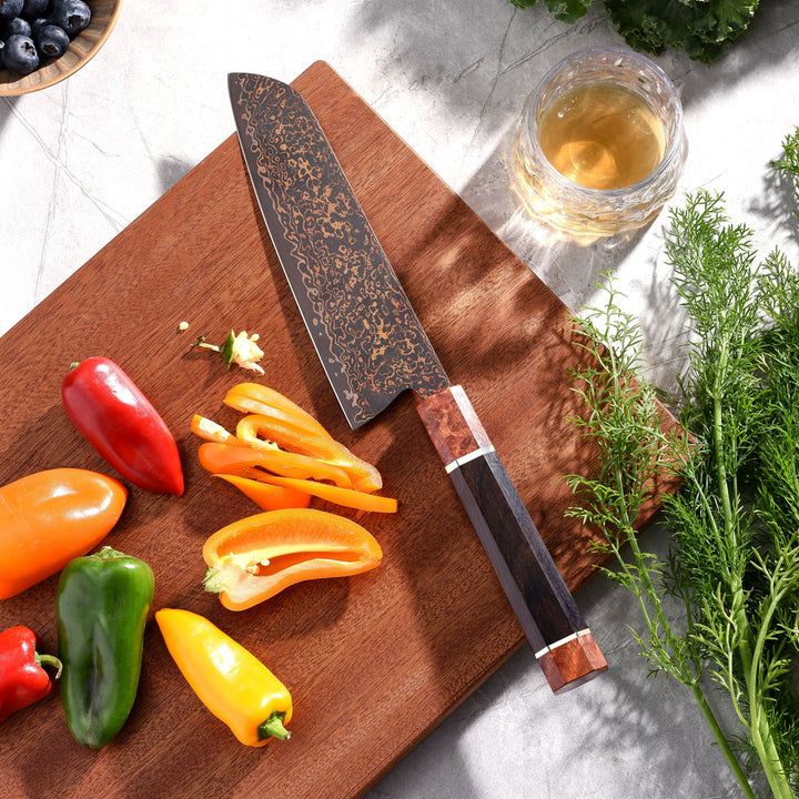 Cuchillo Santoku #7 Japones, Damasco 37 capas, núcleo 10Cr15CoMoV.