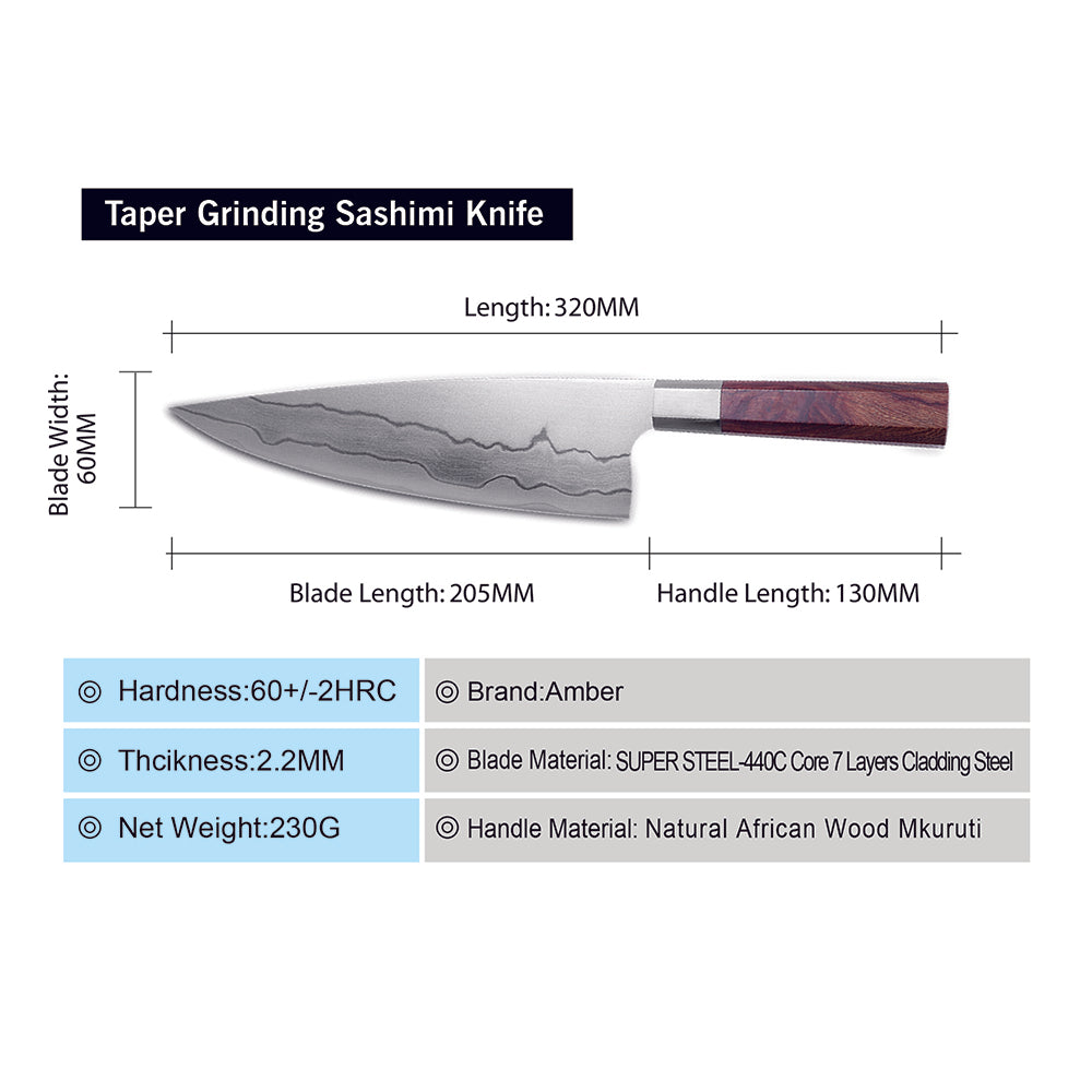 Cuchillo Chef Gyuto Chef #8, Acero Damasco 440C, estilo Japones.