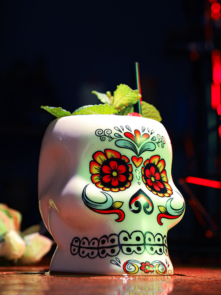 Soul-taza Tiki de cerámica con forma de calavera y flores 450ml, recipiente Molecular para cóctel, Hotel americano.