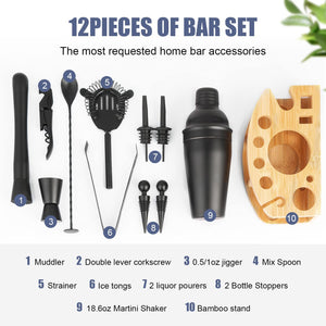Kit de 11 piezas de barman negro, perfecto para mezclar bebidas, herramientas de barra de acero inoxidable con soporte