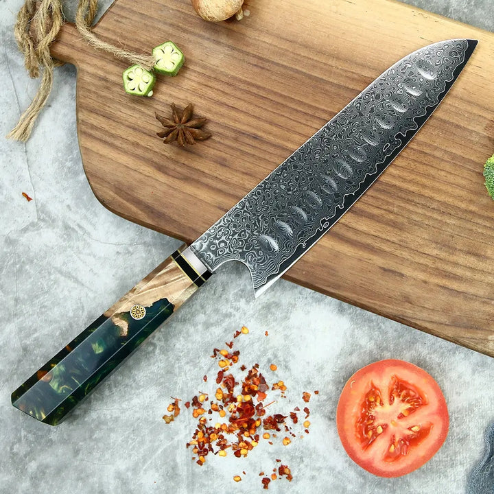 Cuchillo #7 Santoku con mango de resina, acero damasco 67 capas japonés VG10.
