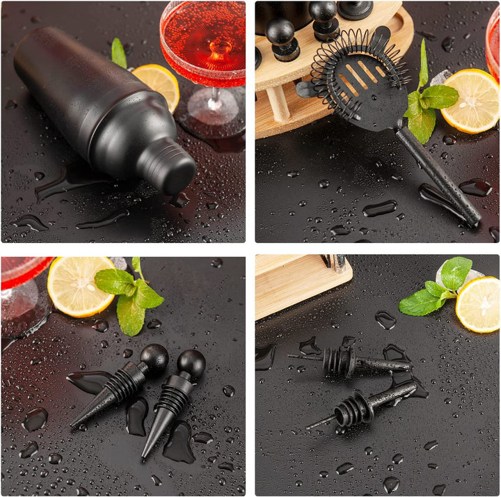 Kit de 11 piezas de barman negro, perfecto para mezclar bebidas, herramientas de barra de acero inoxidable con soporte