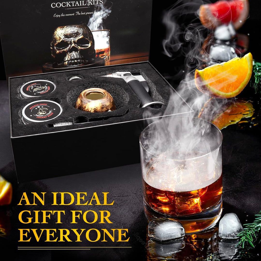 Kit Ahumador SKULL Arcilla de whisky bourbon, con 4 chips de madera y soplete.