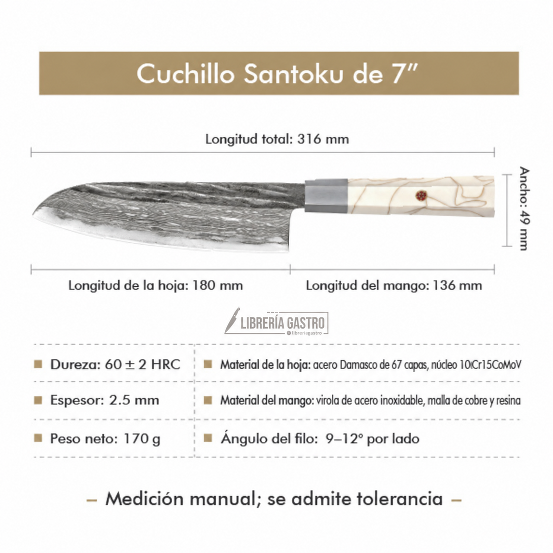 Cuchillo Santoku #7 "ALBA" – Damasco de 67 Capas, núcleo 10Cr.
