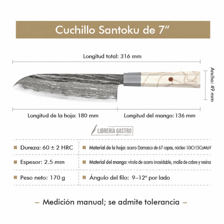 Cuchillo Santoku #7 "ALBA" – Damasco de 67 Capas, núcleo 10Cr.