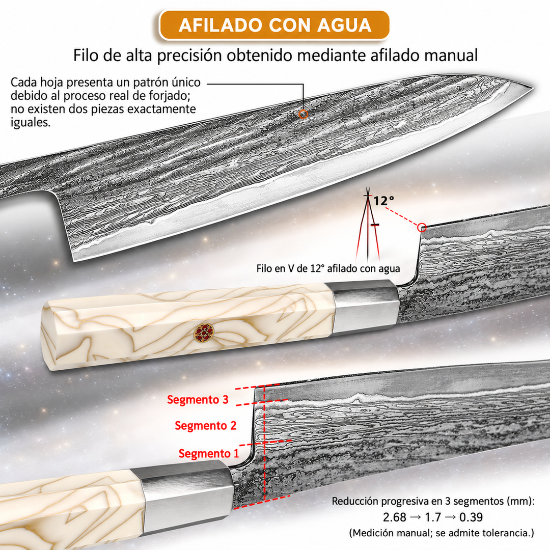 Cuchillo Santoku #7 "ALBA" – Damasco de 67 Capas, núcleo 10Cr.
