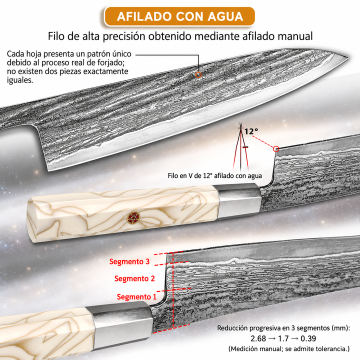 Cuchillo Santoku #7 "ALBA" – Damasco de 67 Capas, núcleo 10Cr.