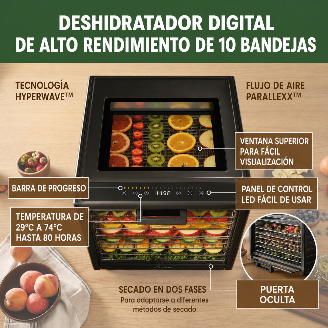 Deshidratador digital Excalibur de 10 bandejas, de acero inoxidable.