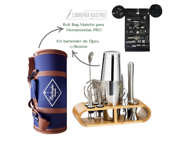 Roll Bag Maletín PRO + Kit bartender de 12pzs, c/Boston