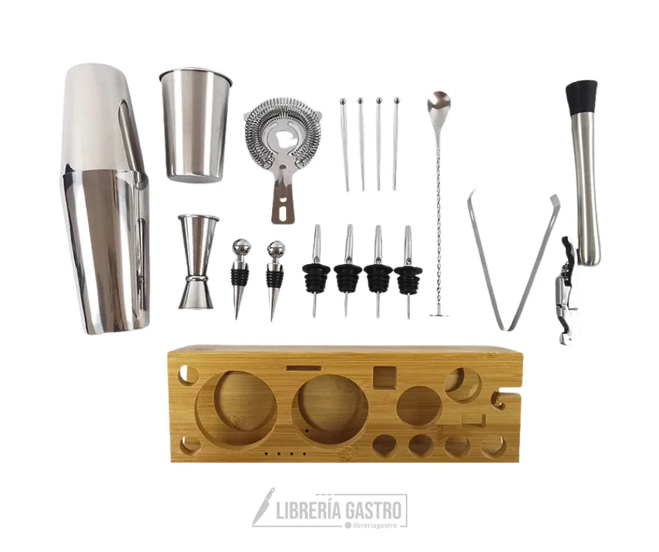 BOLSA BARTENDER + Kit para Coctelería de 19 piezas con Base.
