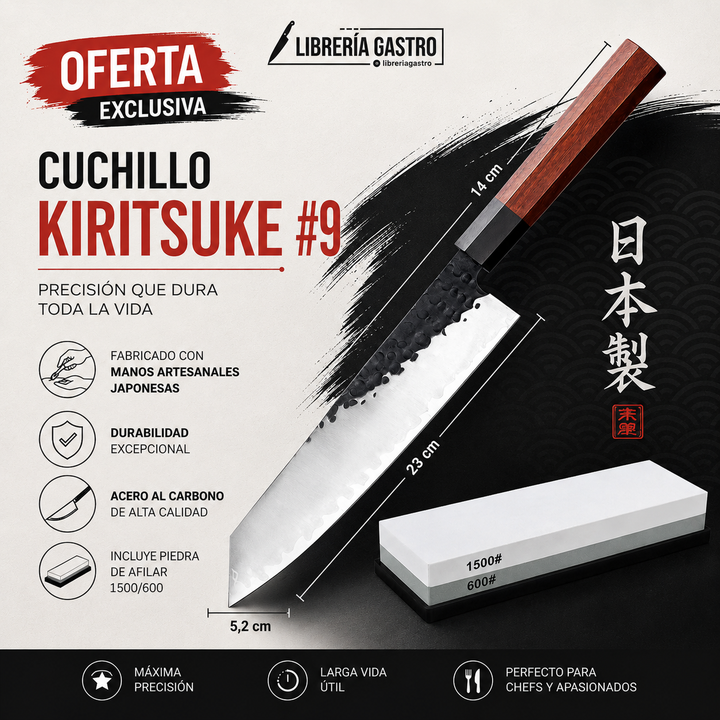 Cuchillo Kiritsuke #9, acero al carbono de tres capas AUS-10 + Piedra 1500/600