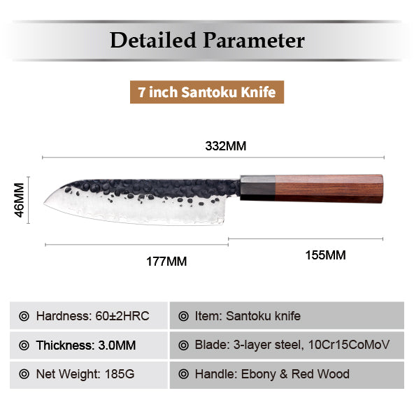 Cuchillo #7 Santoku, mango forjado, hoja de acero negro de alto carbono.