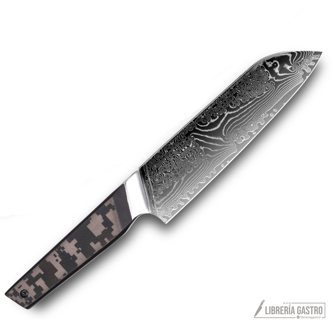 Cuchillo Santoku #7 “Centinela” – Damasco 67 capas, núcleo 10Cr.