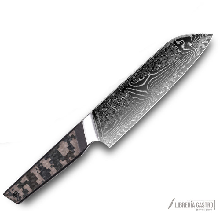 Cuchillo Santoku #7 “Centinela” – Damasco 67 capas, núcleo 10Cr.