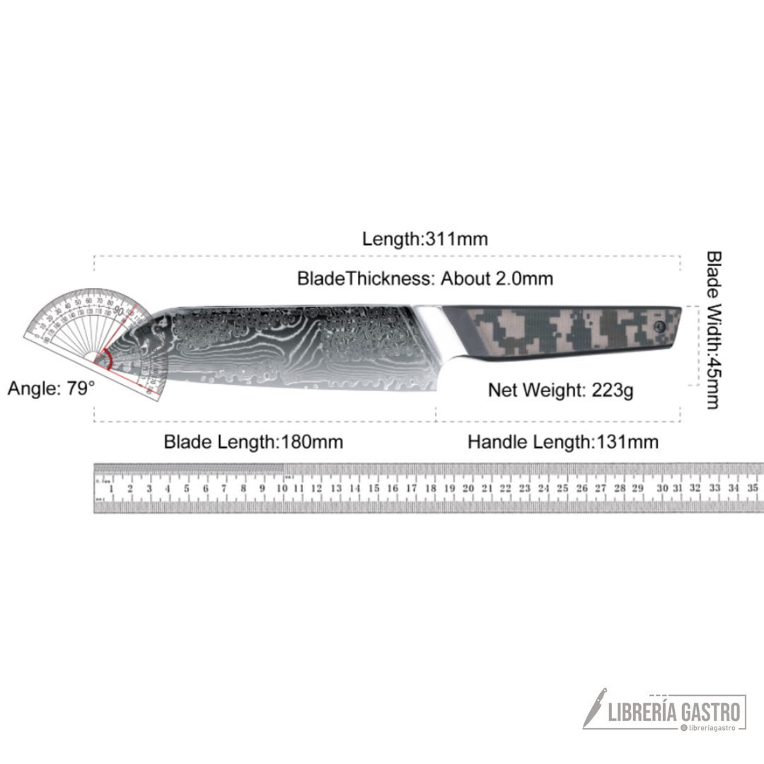 Cuchillo Santoku #7 “Centinela” – Damasco 67 capas, núcleo 10Cr.