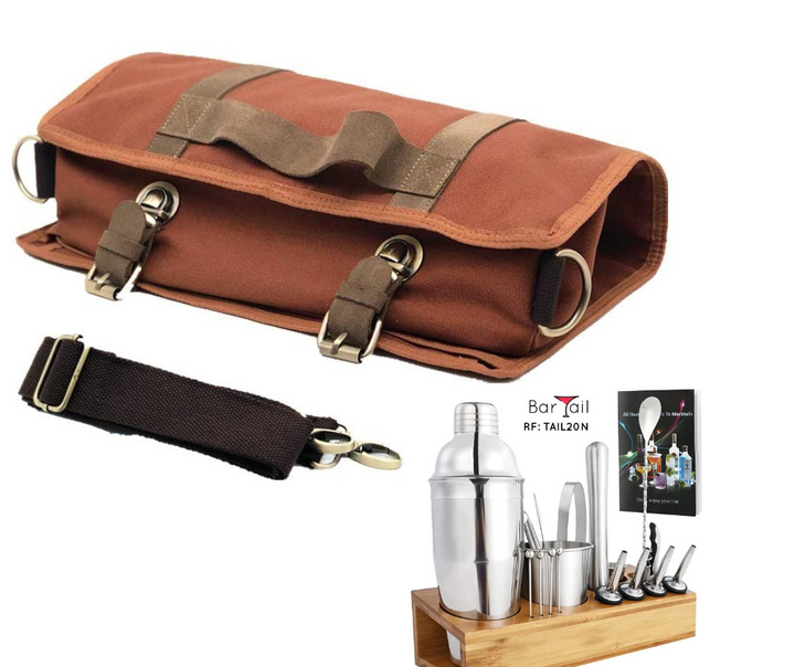 BOLSA BARTENDER + Kit para Coctelería de 20 piezas con Base.