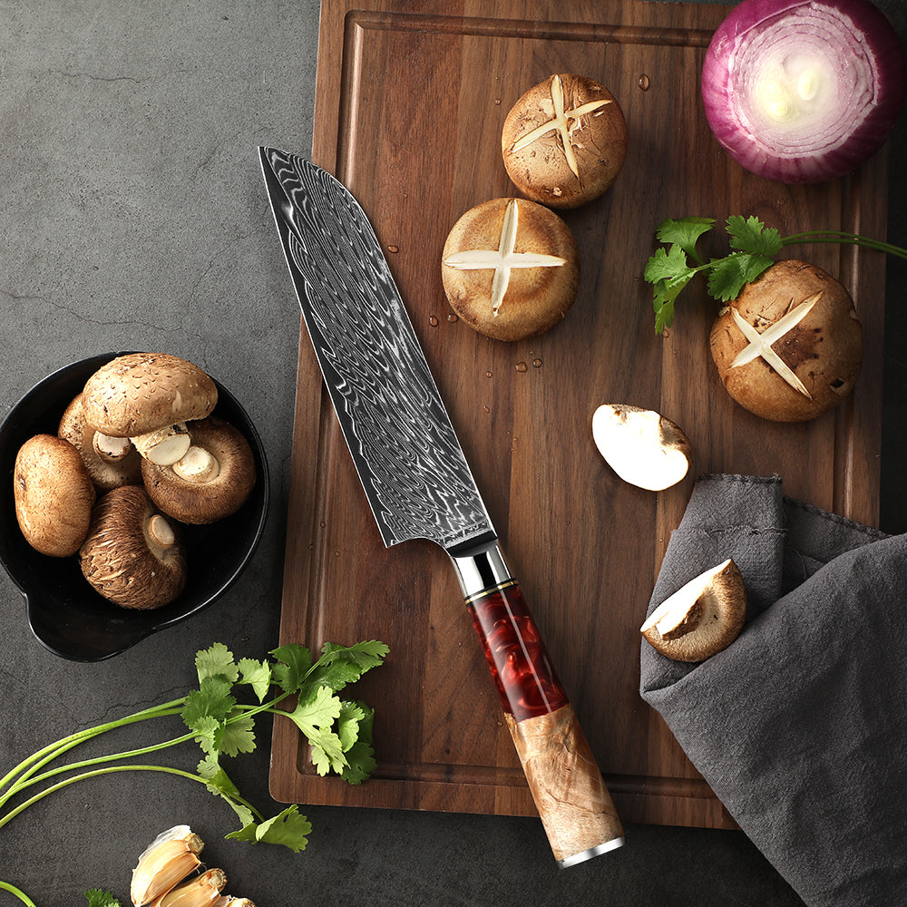 Cuchillo SANTOKU #7 con mango de resina, acero damasco 67 capas japonés VG10.
