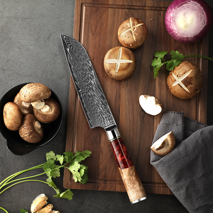 Cuchillo SANTOKU #7 con mango de resina, acero damasco 67 capas japonés VG10.