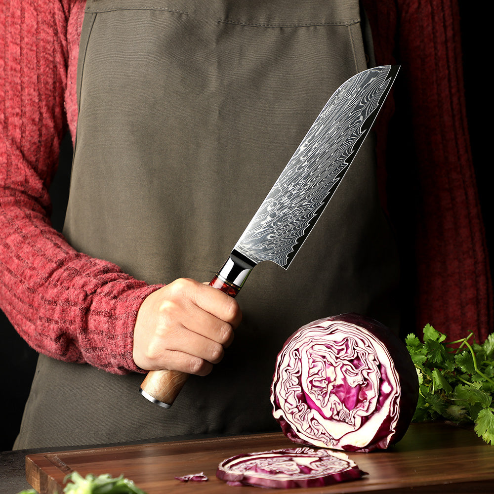 Cuchillo SANTOKU #7 con mango de resina, acero damasco 67 capas japonés VG10.