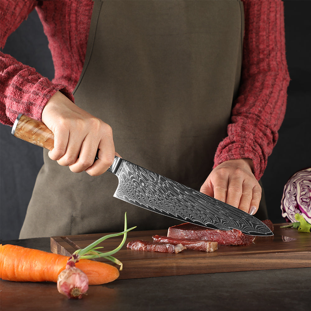 Cuchillo CHEF #8 con mango de resina, acero damasco 67 capas japonés VG10.