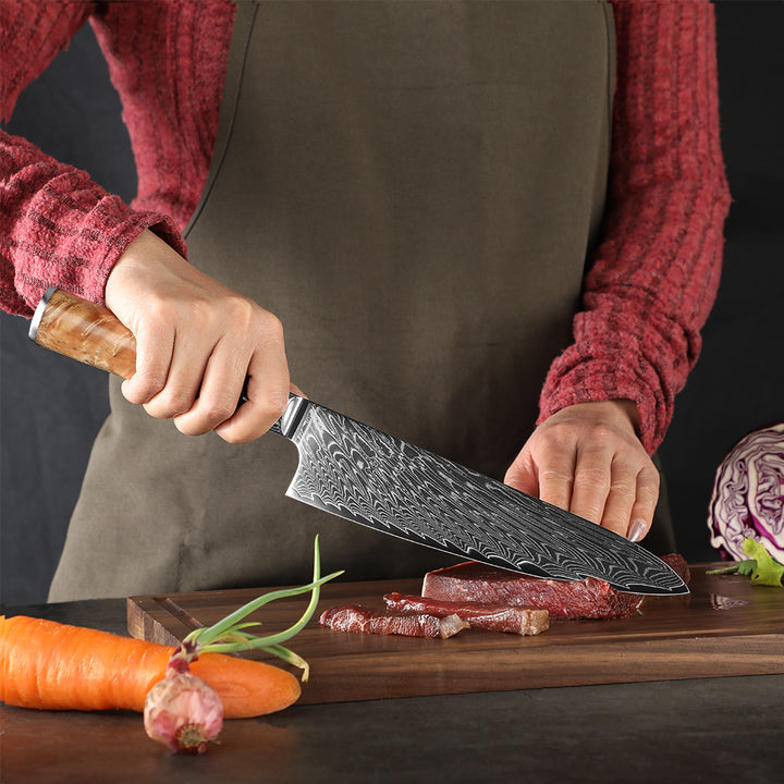 Cuchillo CHEF #8 con mango de resina, acero damasco 67 capas japonés VG10.