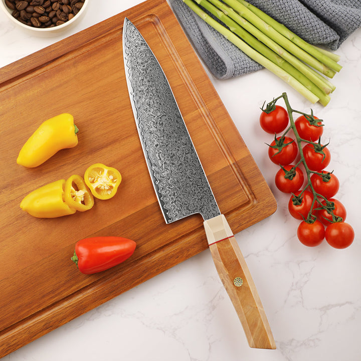 Cuchillo Chef #8, 67 capas acero Damasco, núcleo S35VN.