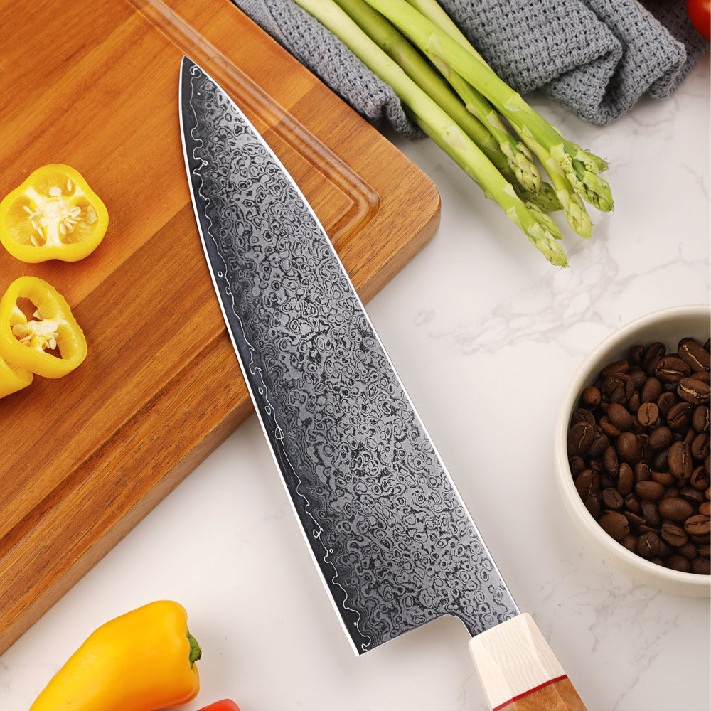 Cuchillo Chef #8, 67 capas acero Damasco, núcleo S35VN.