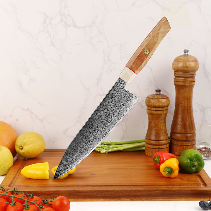 Cuchillo Chef #8, 67 capas acero Damasco, núcleo S35VN.