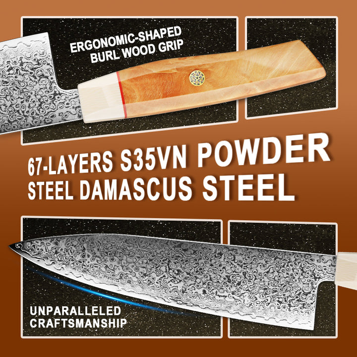 Cuchillo Chef #8, 67 capas acero Damasco, núcleo S35VN.