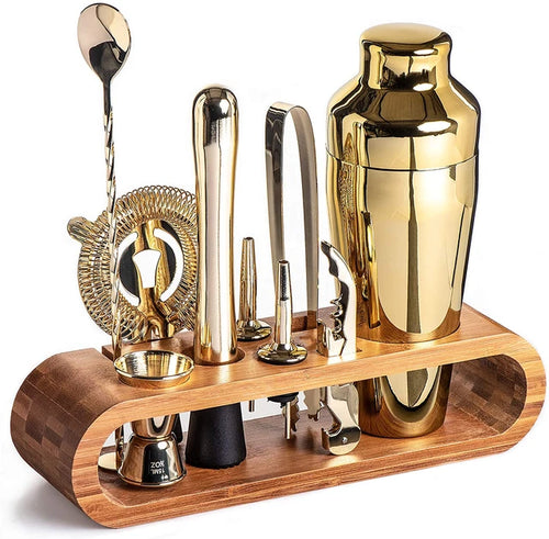 Kit de barman de 10 piezas con elegante soporte de bambú | Kit de barman perfecto para el hogar y coctelera Martini en GOLD.