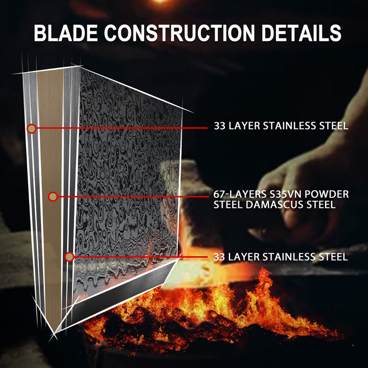 Cuchillo Chef #8, 67 capas acero Damasco, núcleo S35VN.