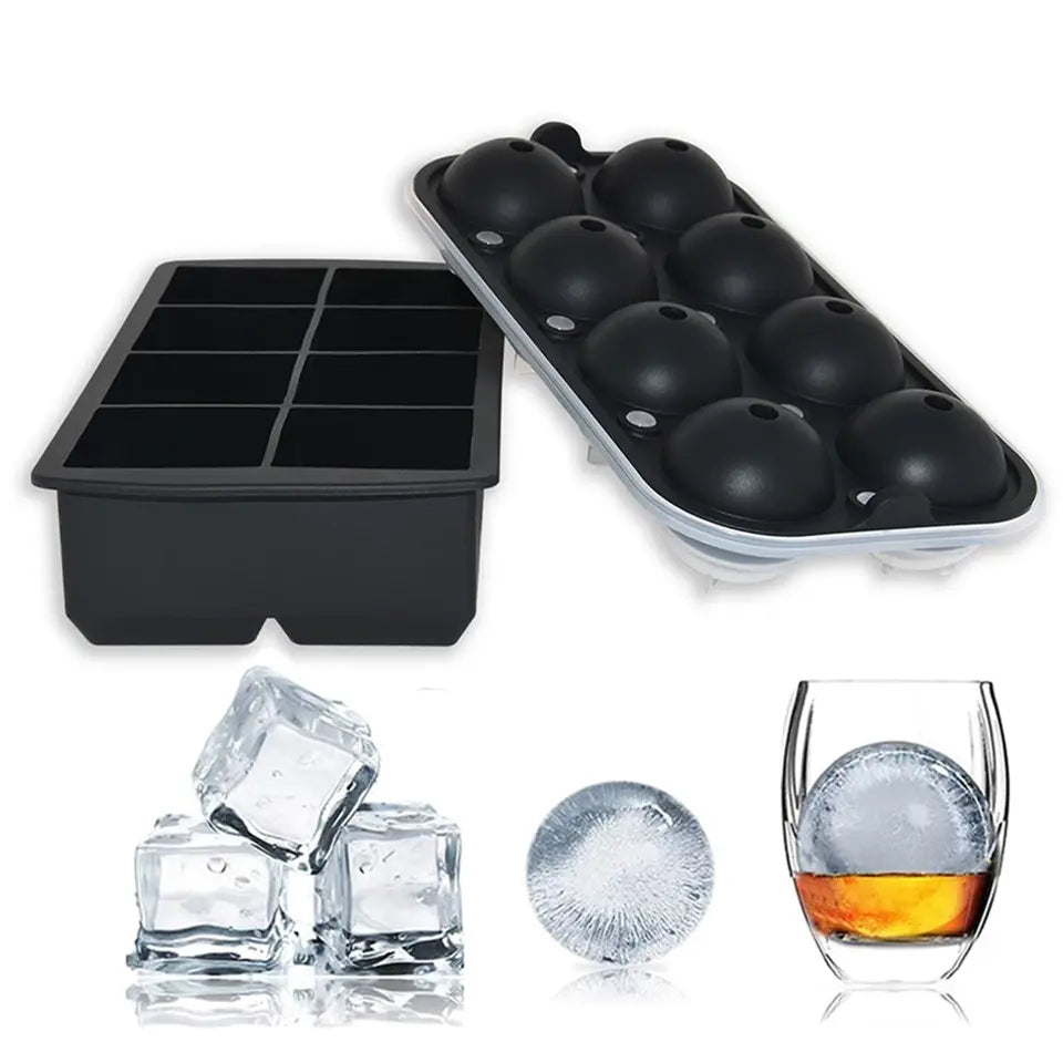 PACK Molde para hacer bolas de hielo con esfera de whisky grande Premium de fácil liberación BHD, bandeja redonda de silicona para cubitos de hielo de 8 cavidades y 2 pulgadas con tapa.