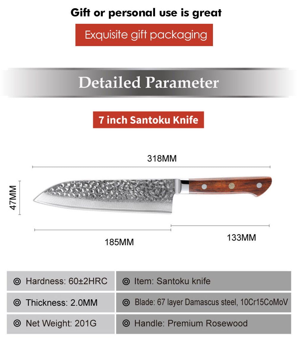 Cuchillo Santoku #7 profesional, acero Damasco 67 capas.