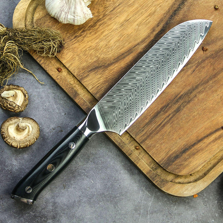 Cuchillo Santoku #7, profesional de 67 capas, AUS-10V de Damasco, mango de acero