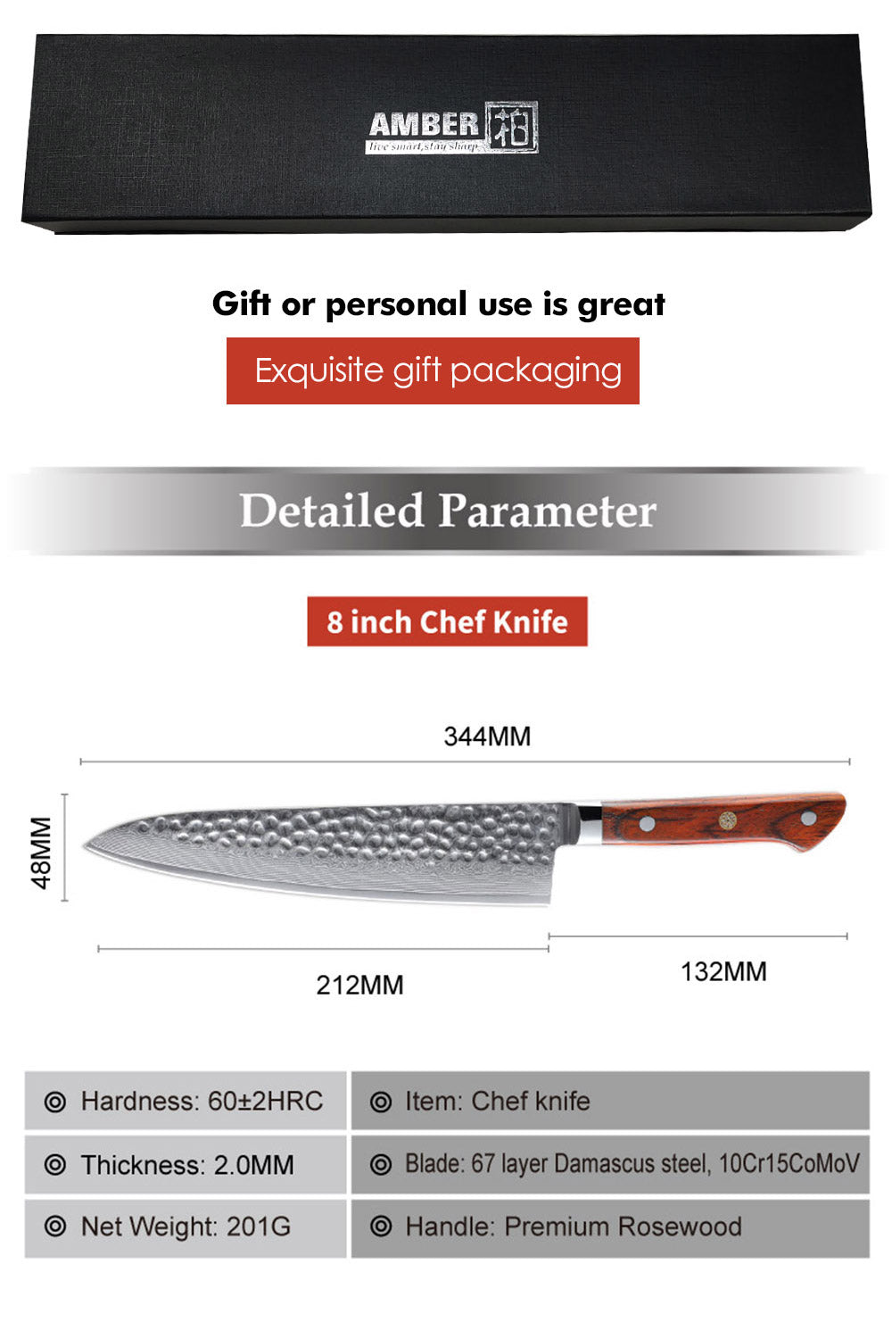 Cuchillo Chef #8 profesional, acero Damasco 67 capas.