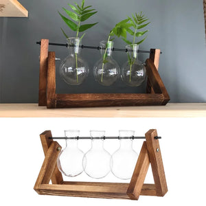 Kingbuy Jarrón de cristal para colgar cocktail con forma de hexágono x 3, de cristal con soporte de madera sólida retro para decoración.