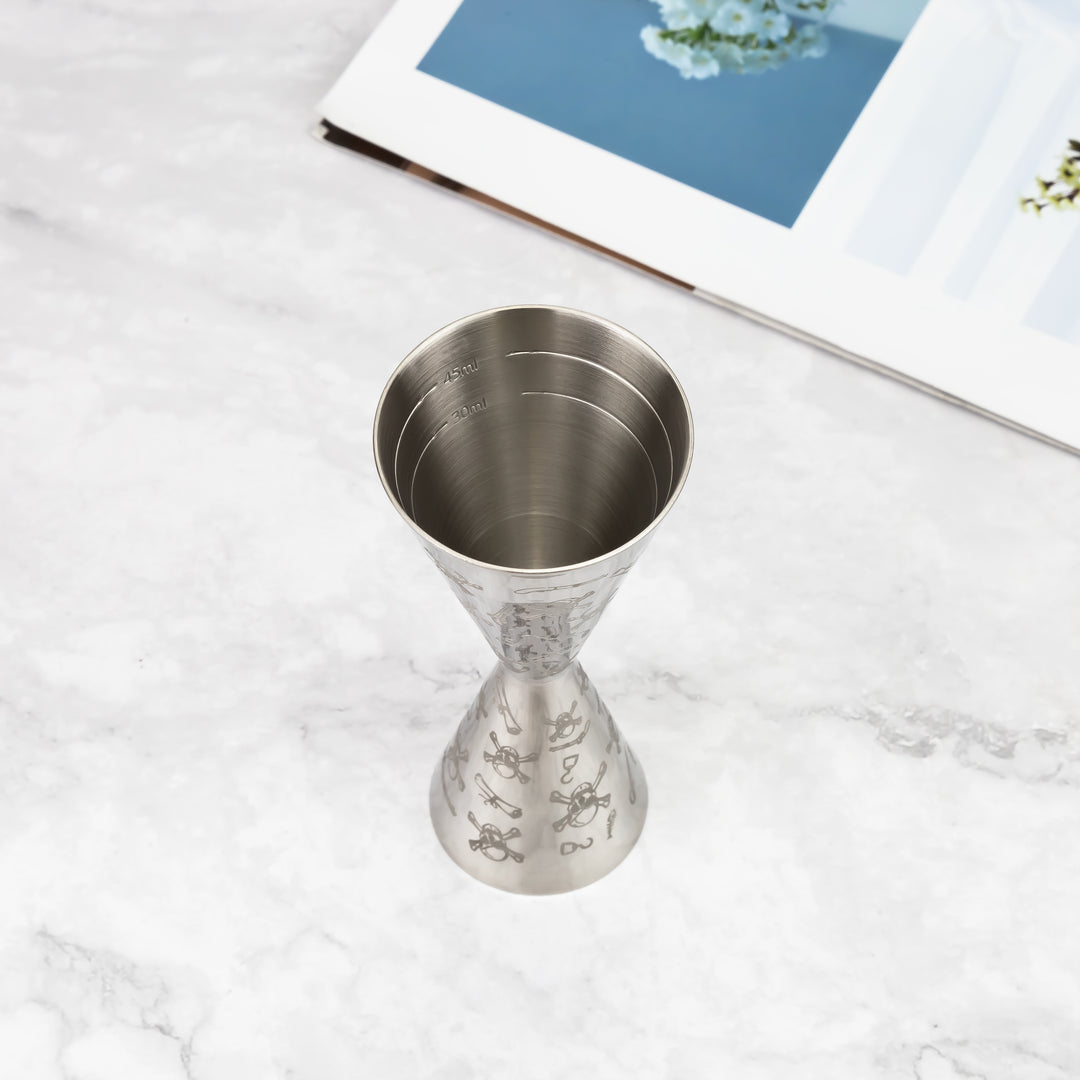 Jigger Skull sin costura 1/2 oz, Diseño Grabado.